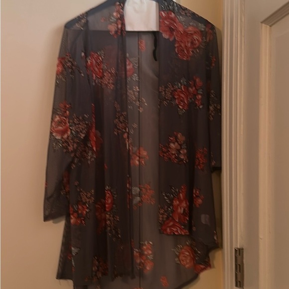 Black and Red Floral Sheer Jacket with Open Front - Picture 1 of 3